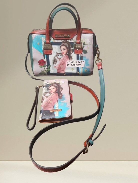 Nicole Lee Handbags - Nicole Lee Pink & Teal Illustrated Satchel Crossbody with Cell Phone Case